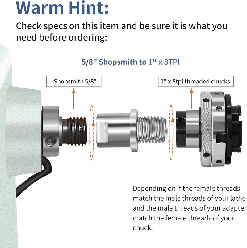 PNBOO Woodworking Lathe Headstock Spindle Adapter Shopsmith 5/8" to 1" x 8tpi - Image 4